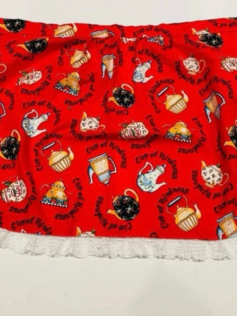 MARY ENGELBREIT Vintage Red Teapot Apron Skirt with Lace Trim